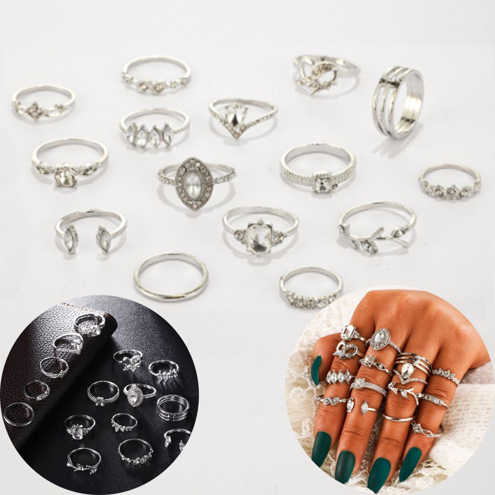 ROW 15PCS Party Rings Set Women Hollow Heart Boho Finger Ring Fashion Jewelry Silver Color Elegant Statement Crystal Leaves Flower