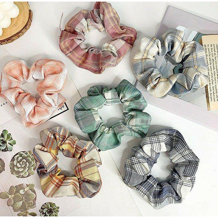 Scrunchie - Kunciran / Ikat Rambut Cepol Hijab[RANDOM MOTIF] / Ikat Rambut / Random Scrunchie Ponytail Elastis Warna-Warni Gaya Korea Wanita model kotak dan polos