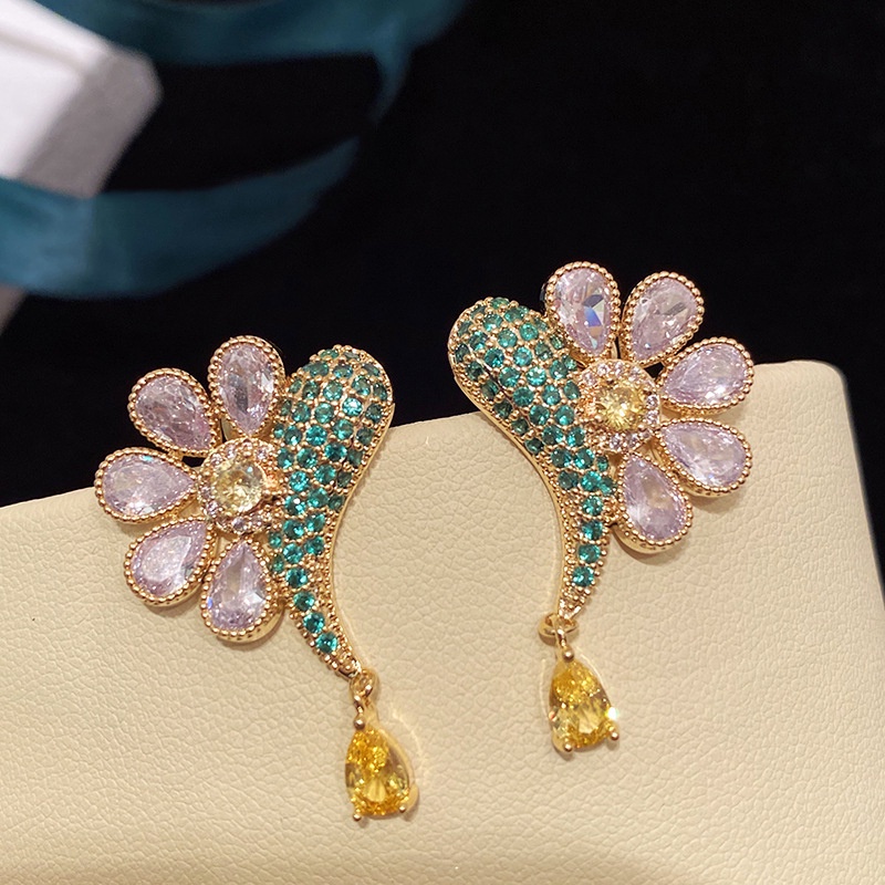 Fashion Flower Fish-Shaped Stud Earrings Full Diamond Luxury Temperament Stud Earrings