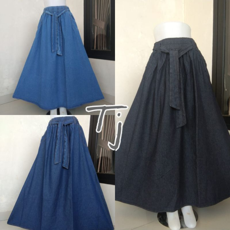 ROK JEANS TALI PANJANG - ROK JEANS DEWASA PINGGANG TALI MODEL A JUMBO