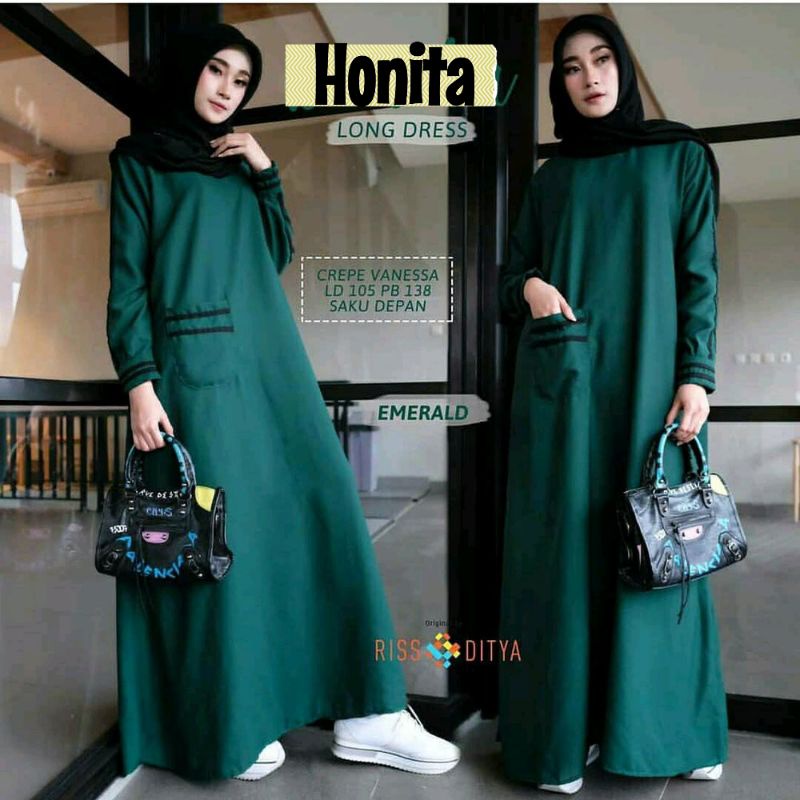 Baju Dress Muslim Wanita HONITA LONG DRESS Saku Kantong Depan Warna HIJAU BOTOL EMERALD