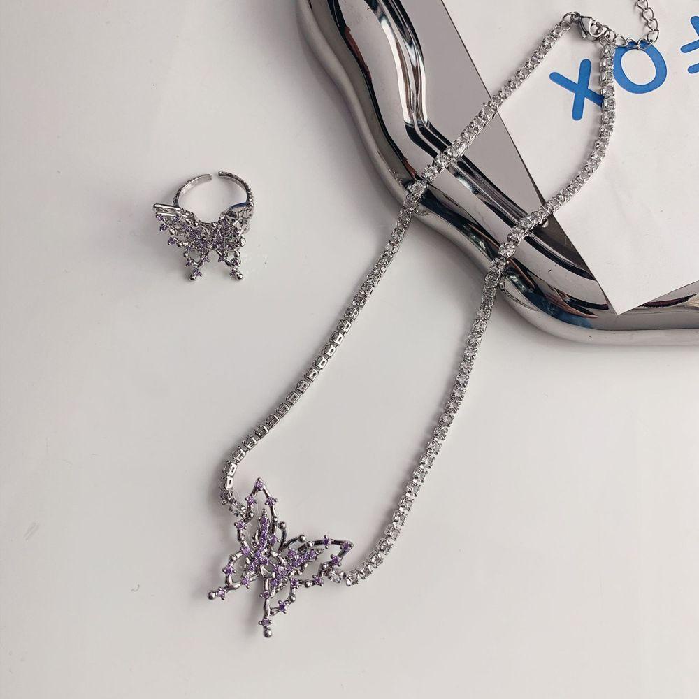 Mxbeauty Ungu Zirkon Kalung Perhiasan Aksesoris Kepribadian Mewah Kupu-Kupu Klavikula Rantai Berlian Imitasi Y2K Rings Alloy Kristal Gaya Korea Choker
