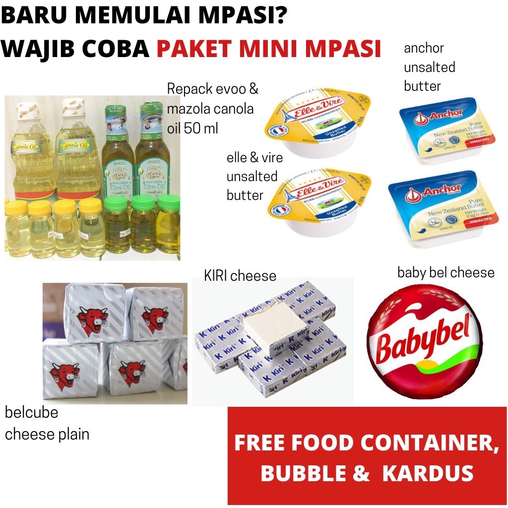 

Paket MPASI starter pack versi MINI (KEJU BELCUBE+KIRI+BABYBEL+MAZOLA + EVOO + UB ELLE + ANCHOR)