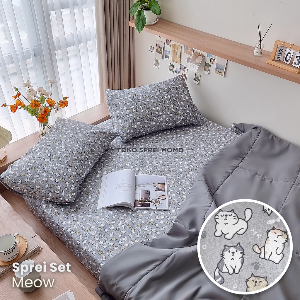 Sprei Set Kucing Meong MOMO - Ukr 160, 180 dan 200 x 200