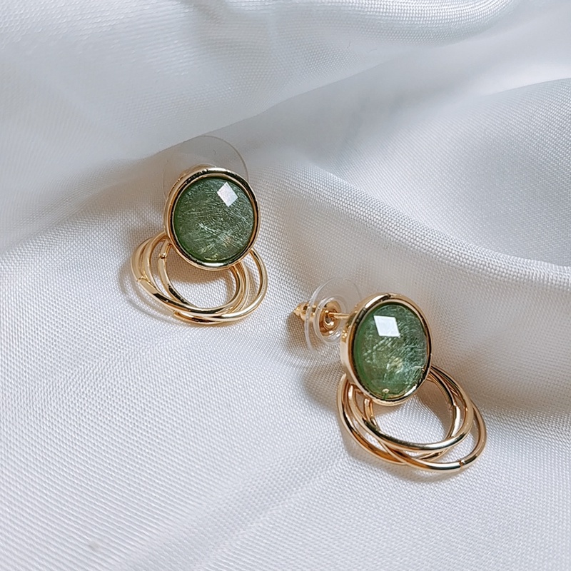 Anting Tusuk Gantung Bentuk Lingkaran Geometri Hias Zamrud Hijau / silver Gaya retro Untuk Wanita