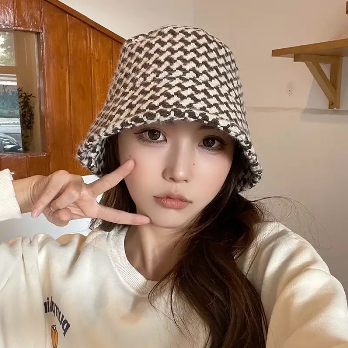 Topi bucket wool houndstooth Bucket Hat