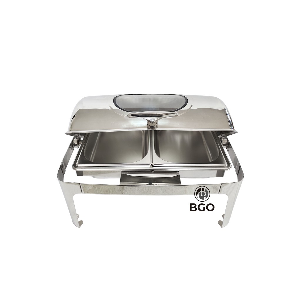Chafing Dish Roll Top Tutup Kaca Premium 2 Sekat Pemanas Makanan Prasmanan Tutup Putar Kaca 9 Liter