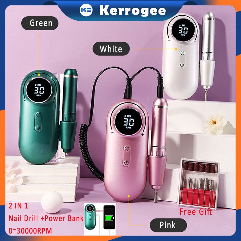30000RPM Electric Nail Drill Machine 2 IN 1 Alat Kikir Kuku Elektrik Rechargeable Nail Drill Nail Gel Polisher For Manicure Nails Portable Power Bank