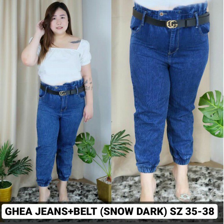Ghea Jeans+BELT (SNOW DARK) CELANA JEANS WANITA JOGGER PINGGANG KARET JUMBO BIGSIZE 35 36 38 39 40