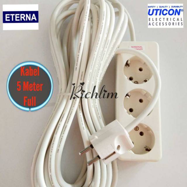 STOP KONTAK UTICON 3 LUBANG + 5 METER  KABEL ETERNA + STEKER ARDE UTICON/COLOKAN LISTRIK