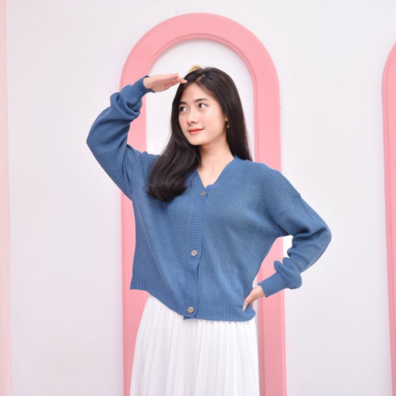 SHIREN CARDIE STARDA TANGAN BALOON KARDIGAN RAJUT KANCING-Denim