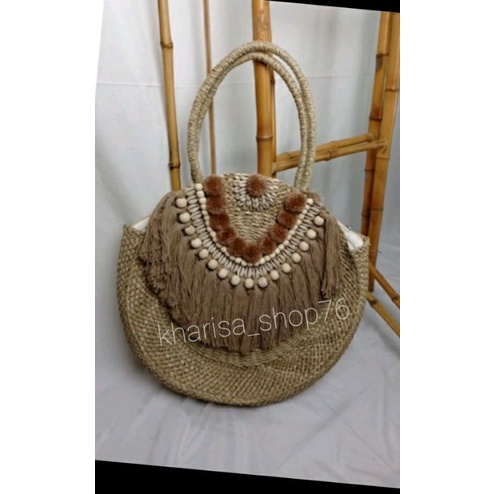 Tas pantai bali#tas anyaman mendong#tas rumbai pompom(bisa request warna rumbai&pompom#tas murah etn
