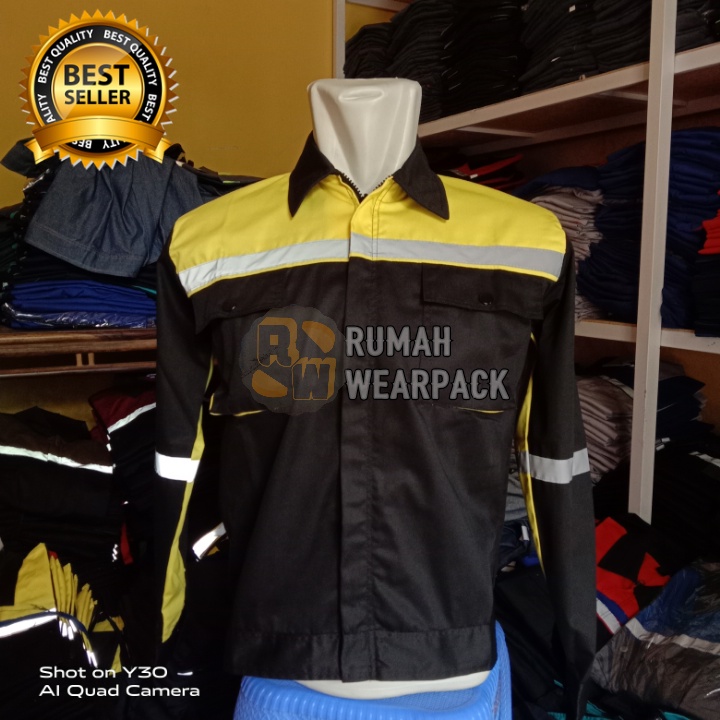 Baju Kerja/ Wearpack Safety Atasan Warna Hitam Kombinasi Kuning