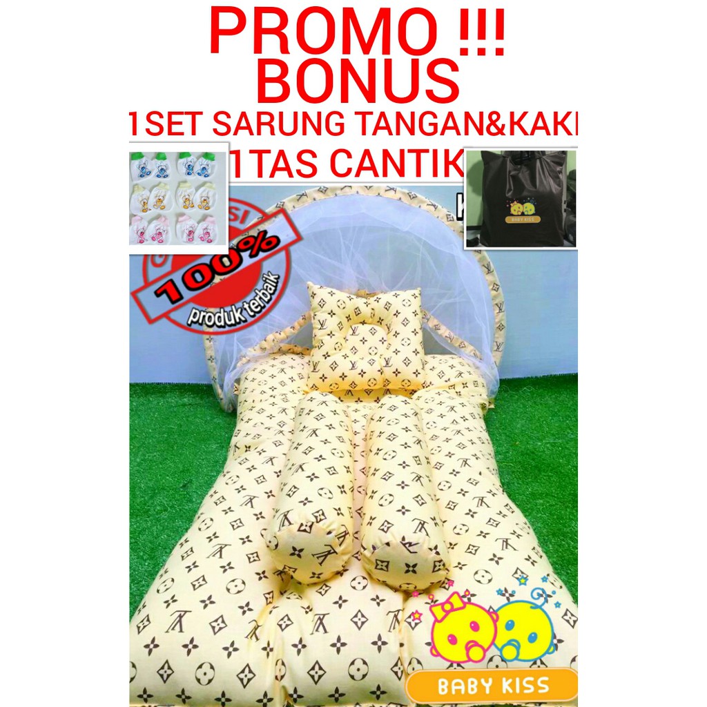 Perlengkapan Tidur Bayi Kelambu |  Kasur Bayi Lipat Kelambu  Set Motif LV Cream |  Tempat Tidur Bayi