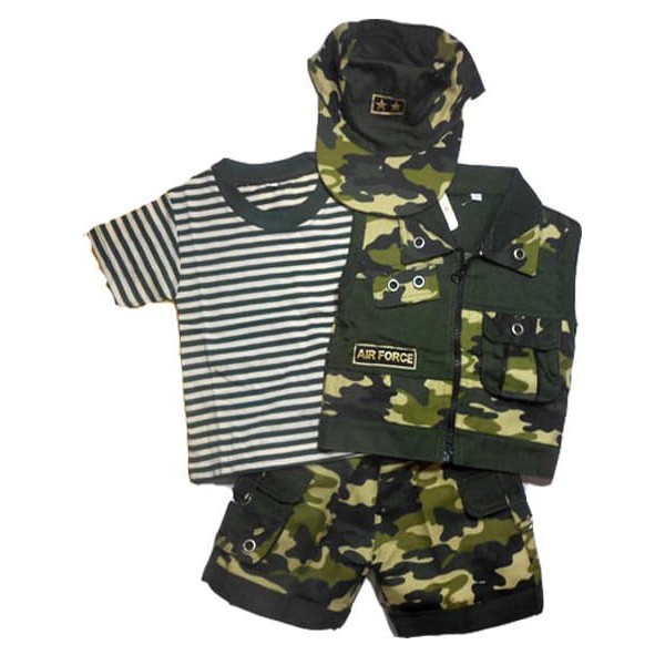 Setelan Baju Bayi Laki Laki Cowok Baru Lahir Newborn Anak Army Tentara Rompi Topi Terbaik Murah