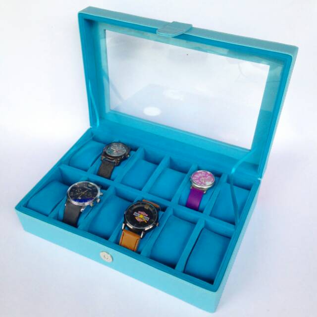 Box Jam Tangan isi 12 Warna Biru Muda / Tempat Jam Tangan / Kotak Jam Tangan