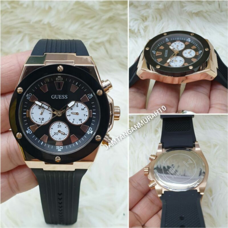 JAM TANGAN PRIA GUESS CRONO RING STEEL TALI RUBBER KUALITAS ORIGINAL