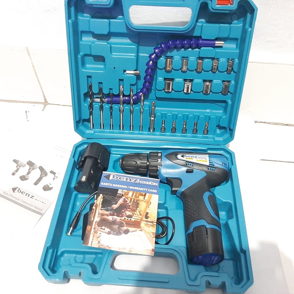 Mesin Bor Baterai Cas Set 10mm Cordless Drill 12V Merk BENZ Tipe BZ 8004