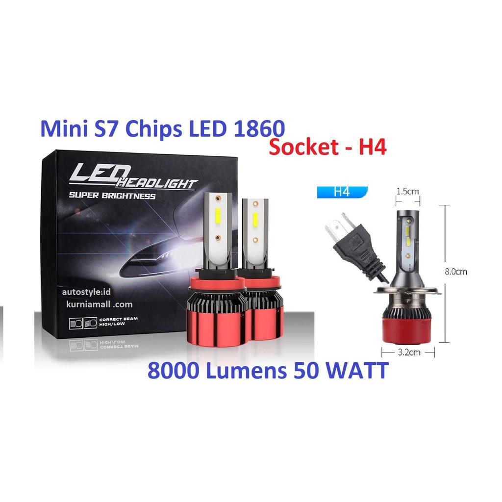 Lampu Led Mobil H4 S6 Mini 50 watt 8000 Lumens superbright white LED h4 compact model 2 pcs sepasang