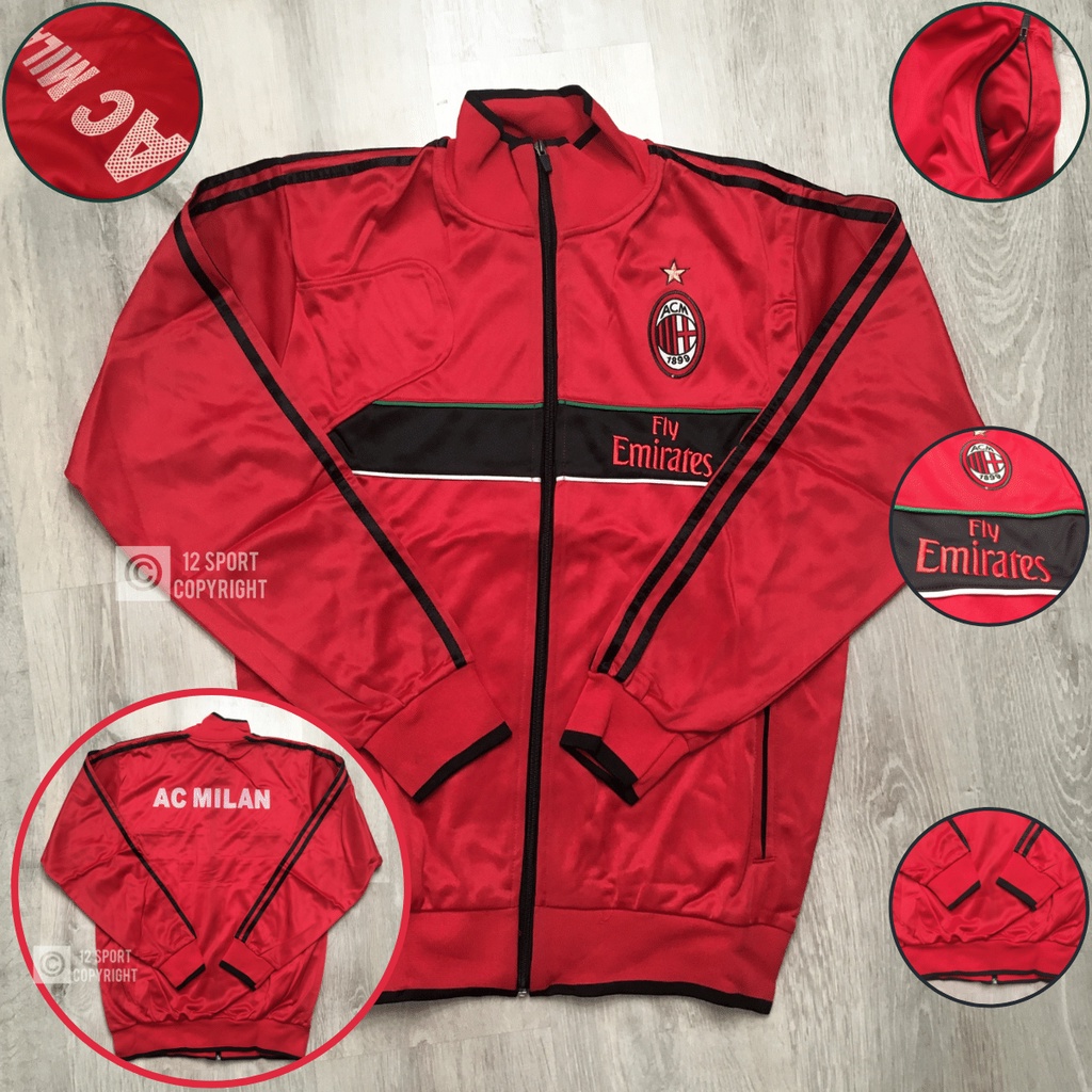 12 SPORT - Jaket Bola Pemanasan Tim Sepak Bola AC Milan Merah Logo Bordir Bahan Wool Sablon Karet Pr