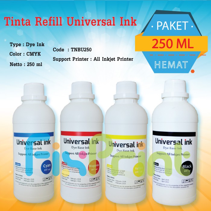 Paket Tinta Refill Universal Ink 250ml CMYK, Tinta Botol Dye Base Printer HP Canon Epson Brother