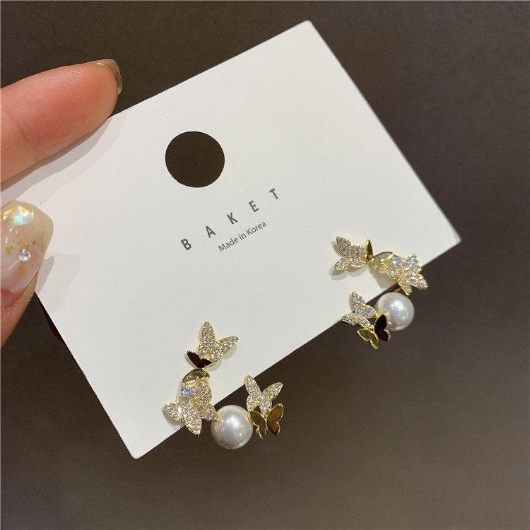 Korean Pearl Butterfly Full Rhinestone Stud Earrings for Women Fashion Elegant Earrings S925 Silver Needle