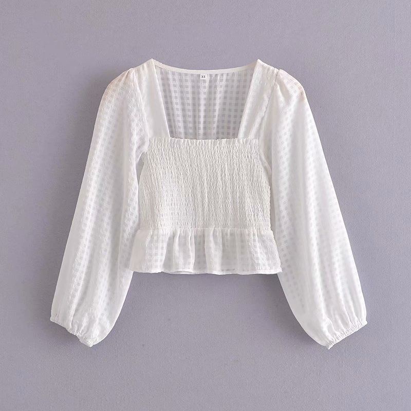 Blouse Summer Wanita Polos Lengan Panjang Warna Putih Casual Blouse Vintage Korea White Stretch Blou