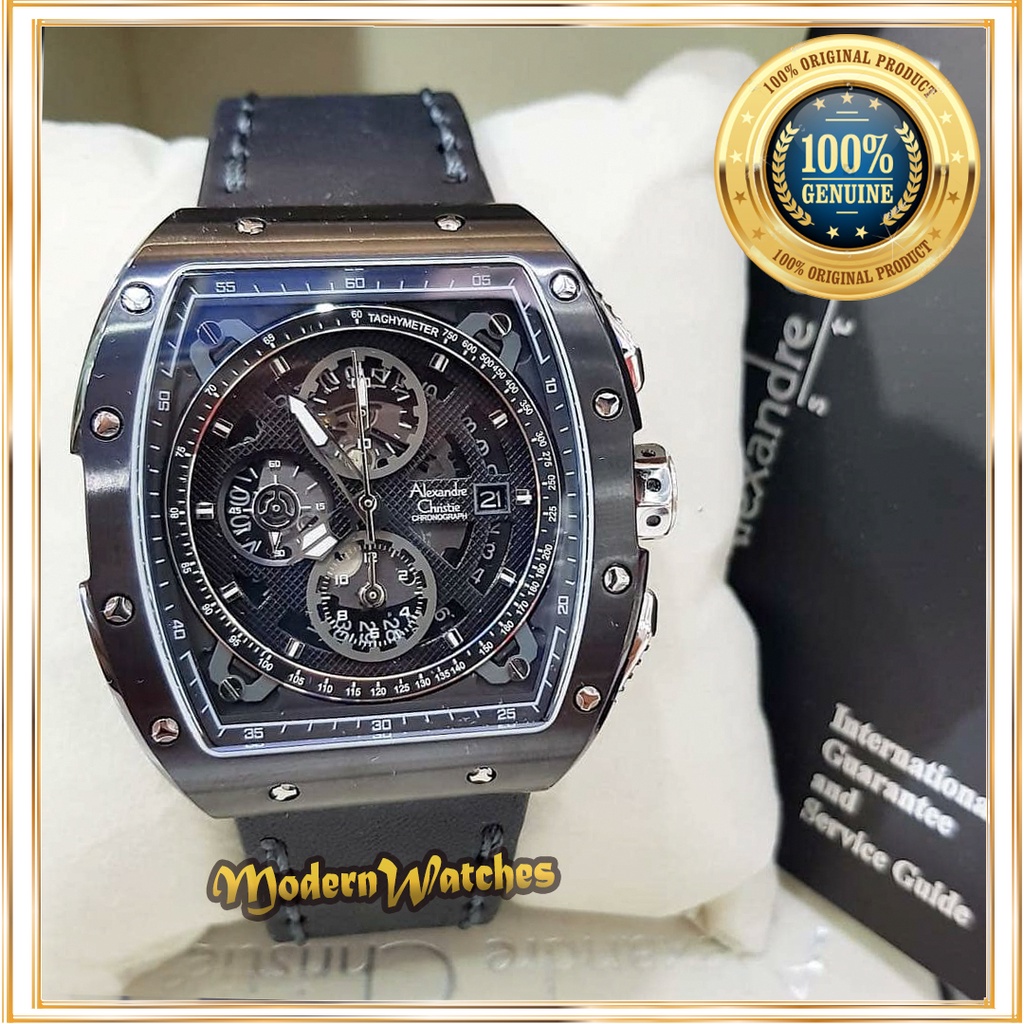 Jam Tangan Ori Alexandre Christie Pria AC 6411 Tali Kulit Hitam Full Black Sport Skeleton Alexander 