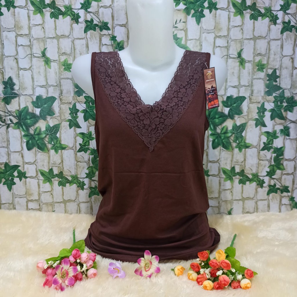 Tanktop/Singlet Jumbo XXL Renda V-Coklat Tua