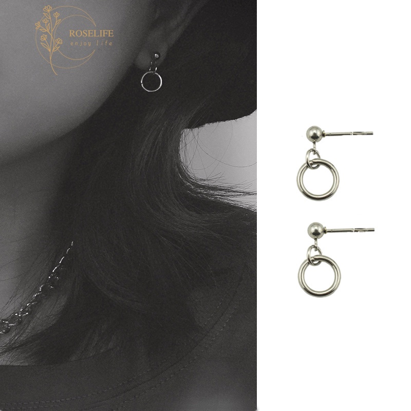 Roselife 1 Pasang Anting Tusuk Gantung Desain Geometri Bulat Kecil Gaya Casual / Simple Untuk Pria / Wanita