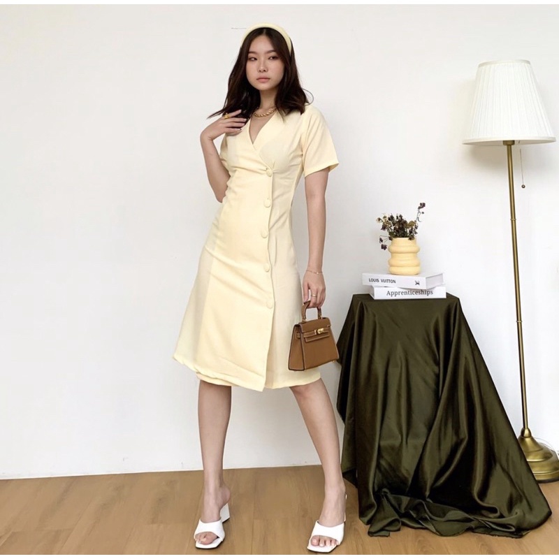 BELLE BODYCON DRESS KOREA - FORMAL DRESS - FEMININE DRESS - DRESS KANTORAN - OFFICE OUTFIT - DRESS PESTA - MIDI DRESS KONDANGAN - VINTAGE SUMMER DRESS - HADIAH / KADO ULTAH CEWEK