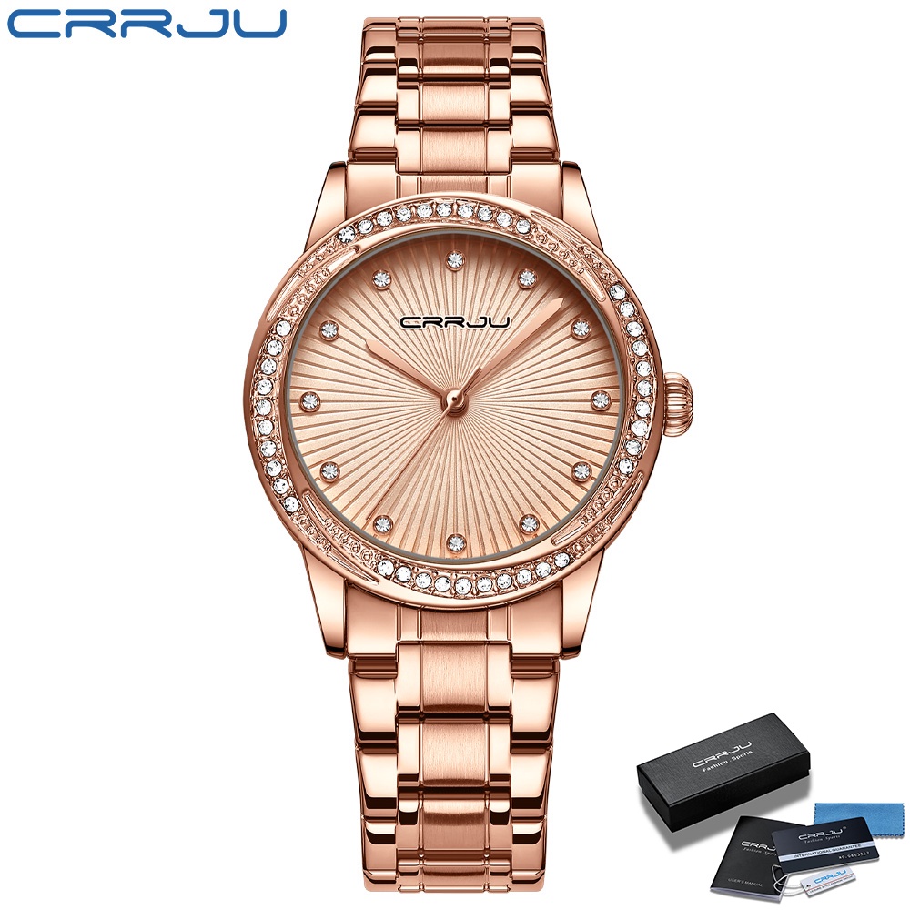 Jam Tangan Cewek Ori CRRJU Stainless Steel Jam Tangan Wanita Jam Fashion Wanita Jam Tangan Kuarsa Gerakan Jepang