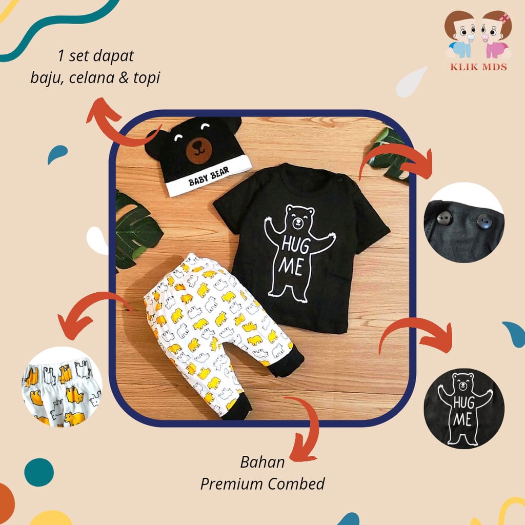 Baju Bayi Laki-Laki atau Perempuan Setelan Free Topi Pakaian Bayi Hug Me 1 Ukuran Estimasi 0-9 Bulan