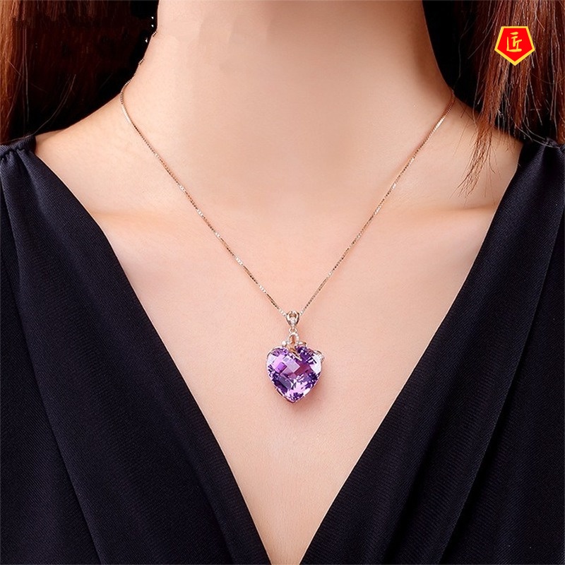 [Ready Stock]Luxury Heart-Shaped Amethyst Pendant 18K Gold Necklace Fashion