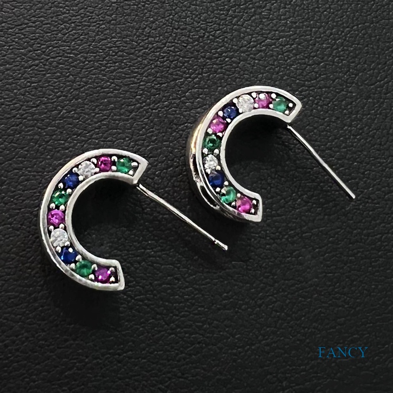 Anting Tusuk Bentuk C Hias Zircon Warna Pelangi Gaya Trendyretrothailand Untuk Wanita