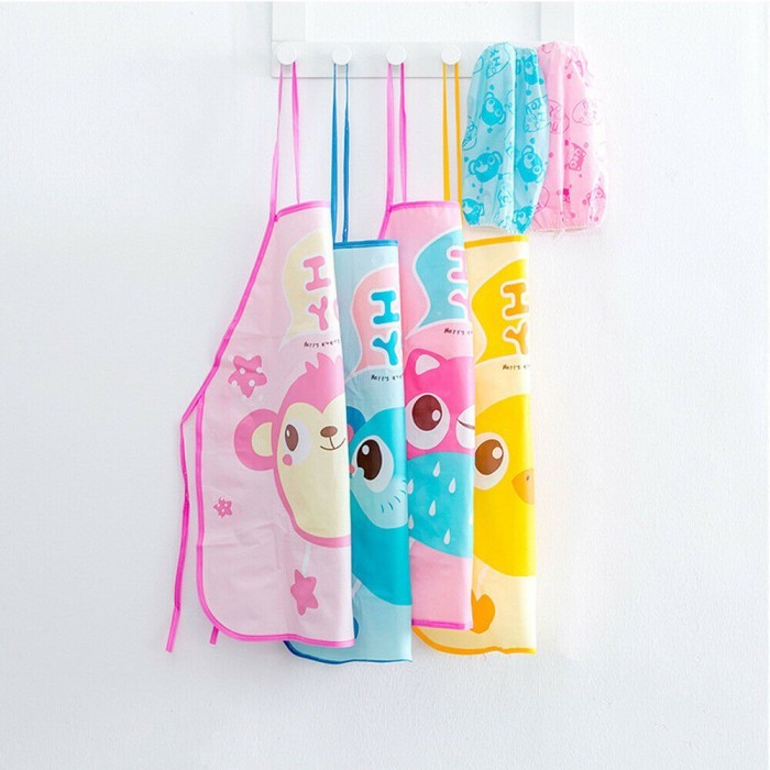 Celemek Plastik Anak Motif Karakter Apron Mini Sarung Tangan Anti Air