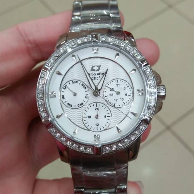 Jam Tangan Wanita Cewek Swiss Army 123 SA New Stainless Chrono Silver Original Cantik