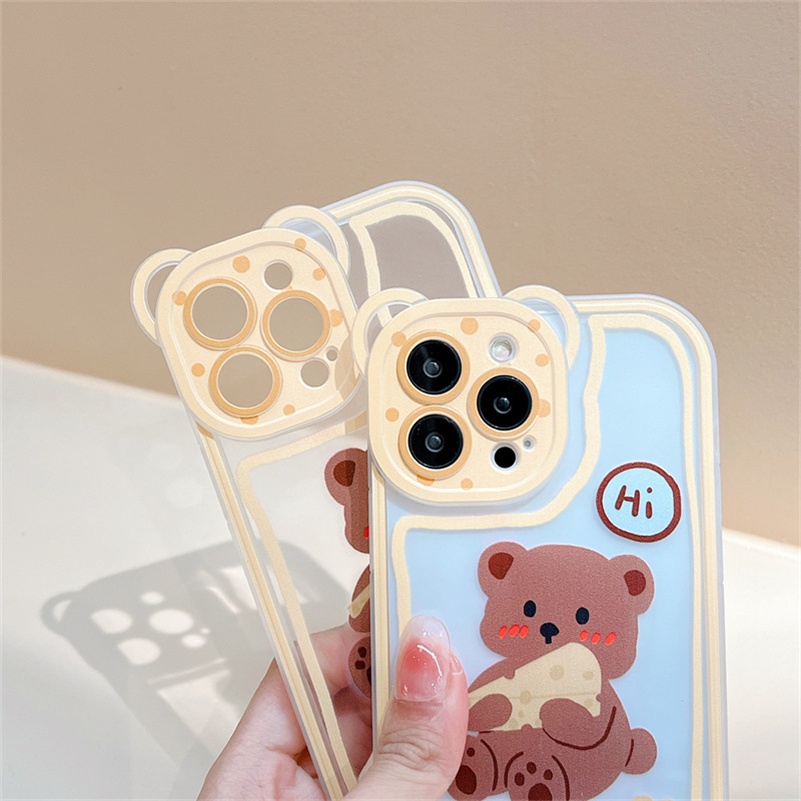 Soft Case Silikon Motif Beruang Keju Untuk Compatible for iPhone 14 13 12 11 Pro Max X Xr Xs Max iPhone 8 7 6 6s Plus SE 2020 Cheese Bear Clear Phone Case Bear Lens All-Inclusive Silicone Shockproof Anti-fall Phone Cover