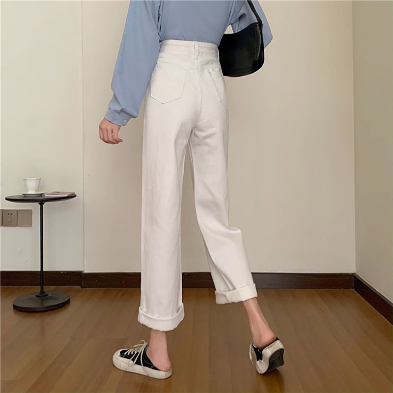 korean style putih/hitam loose straight high waist celana jeans pengait wanita