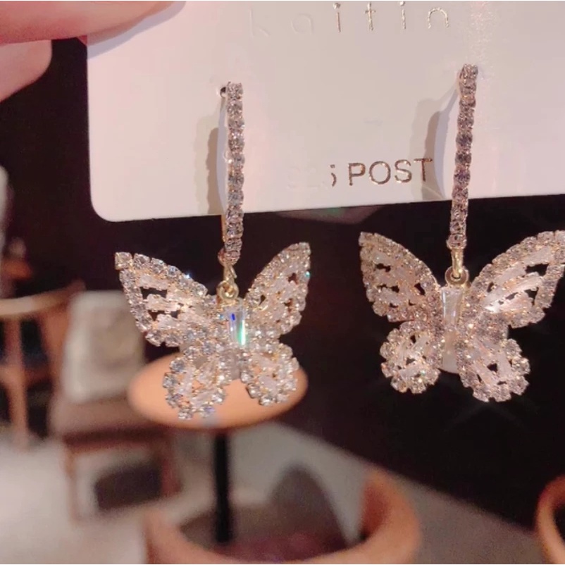 Fashion Luxury Gold Color Full Diamond Butterfly Pendant Earrings/ High-end Exquisite Geometric Alloy Eardrop