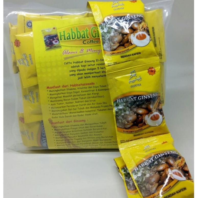 

Promo Termurah 1 Sachet Coffee Habbat Gingseng El Iman Kopi Rendah Kafein
