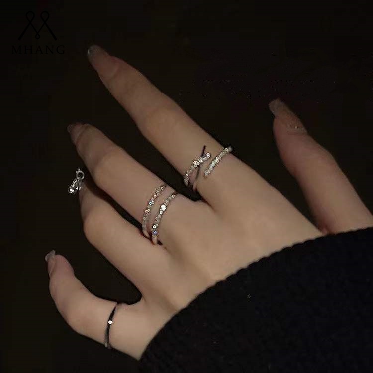 Set Cincin Berlian Penuh Model Silang Warna Silver Gaya Korea