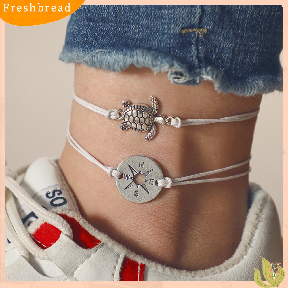 Terlaris 2Pcs/Set Turtle Hollow Compass Charm Anklet Women Summer Beach Ankle Bracelet