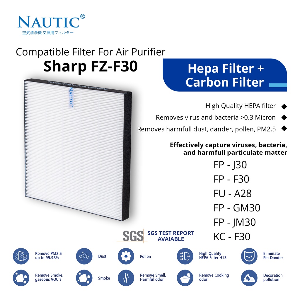 Filter HEPA untuk Air Purifier Sharp FP-GM30Y / FP-JM30Y / FP-J30Y / FP-F30Y / KC-F30Y / Fu-A28 / FZ-F30HFE