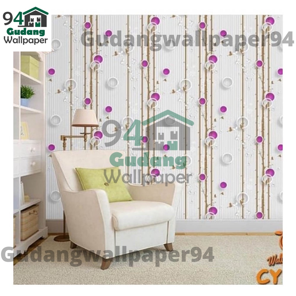 (COD) Gudang Wallpaper Sticker Dinding kamar anti air Murah Dan Terbaik Motif Polkadot Ungu Bahan PVC Premium (SUDAH ADA LEM)