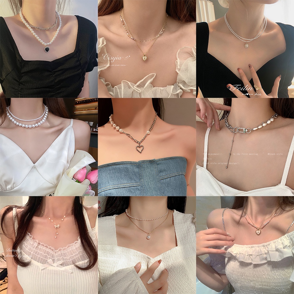 Kalung Choker Rantai Silver Hias Liontin Hati Rumbai Kristal Mutiara Magnetik Untuk Wanita