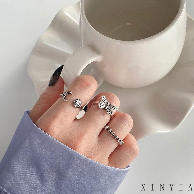 Xia.id 3pcs / Set Cincin Model Terbuka Desain Matahari + Kupu-Kupu Gaya Retro Kreatif Untuk Wanita
