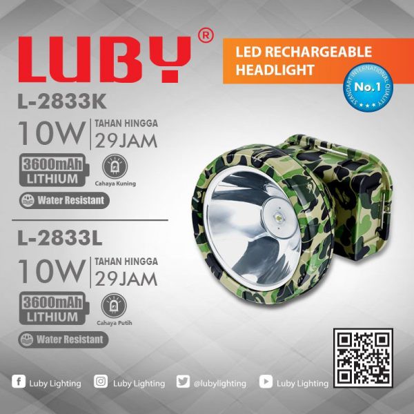 Luby Senter Kepala LED Super Terang Lithium L 2833K LED 10 Watt Lampu KUNING + Bola Lampu Super LED