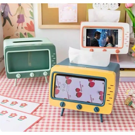 BRGUNIK Kotak Tissue Box Organizer Bentuk TV Tempat Tisu + Stand Phone Holder / Home Office Dekor R276
