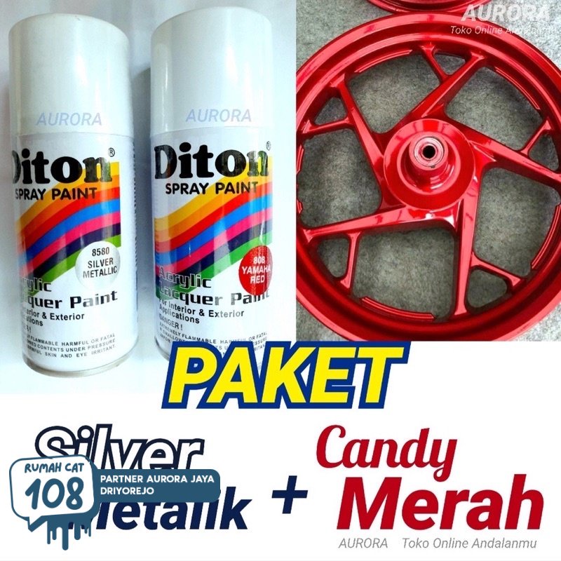 Rumah Cat - PAKET Diton Candy Tone Merah Yamaha Red 808 + Silver Metallic 8580 / Pilox Cat Candytone